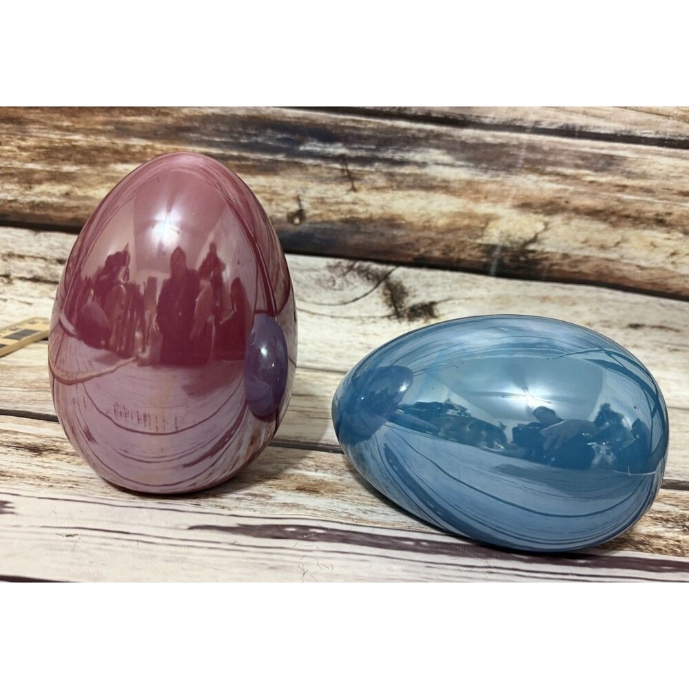 Metallic Easter Eggs Spring Decor Set of 2 Blue Pink 6" Large Ceramic